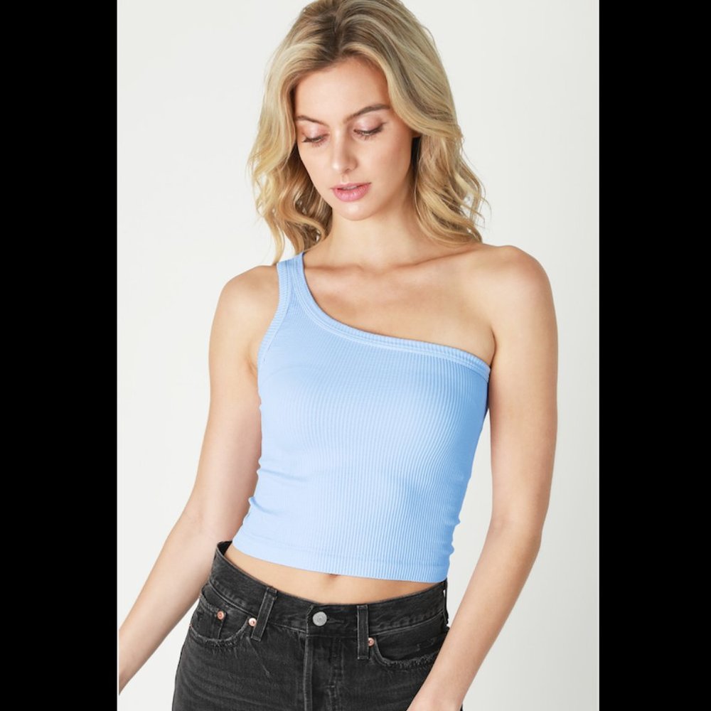 New Cashmere Blue One Shoulder Ribbed Crop Top with Medium Thick Fabric One Size